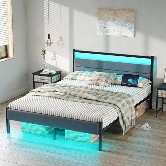 Full Bed Frames with Charging Station, LED Lights Bed with Grey Upholstered Headboard, Under Bed Storage, with Heavy Duty Slats Support, No Box Spring Needed, Noise Free, Easy Assembly, Black