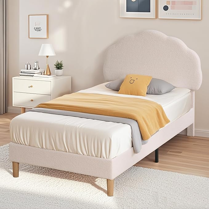 VECELO Twin Size Bed Frame, Upholstered Platform Bedframe with Height Adjustable Plush Fabric Headboard, No Box Spring Needed, Beige
