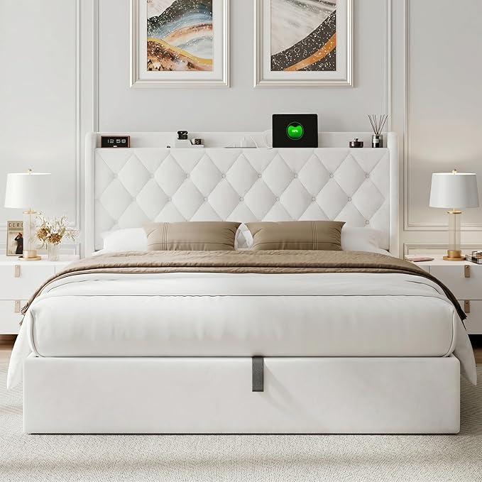 Feonase Full Size Bed Frame with Storage & Charging Station - Hydraulic Lift Up Platform Bed, Upholstered Button Tufted Headboard, Sturdy Wooden Slats, Noise-Free, No Box Spring Needed,White