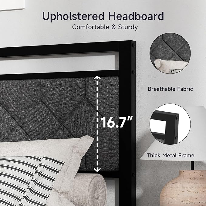 Z-hom Easy Assembly Upholstered Platform Bed Frame with Soft Padded Headboard, Modern Linen Fabric Mattress Foundation, No Box Spring Needed, Noise-Free & Sturdy Metal Support, Queen Size (Grey)