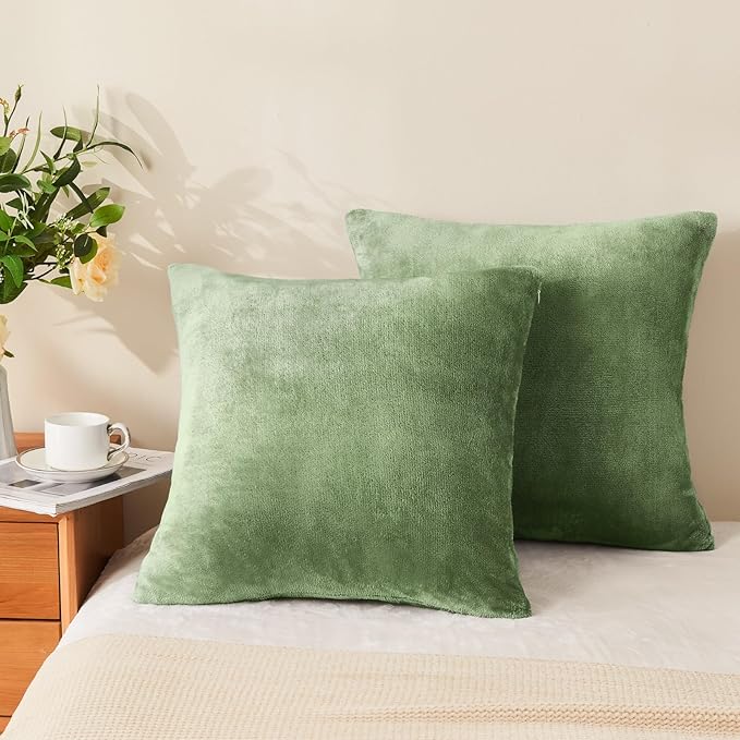 BEDELITE Velvet Pillow Covers 18x18 with Zipper, 2 Pack Super Soft Square Pillow Covers for Bedroom, Sofa, Luxury Cozy Fleece Pillowcases for All Seasons(18x18 Inches, Sage Green)