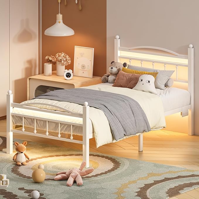 Jenmit Twin Bed Frames with Headboard, LED Bed Frame with Charging Station, Metal Platform, Under-Bed Storage, No Box Spring Needed, Noise Free, Easy Assembly, White