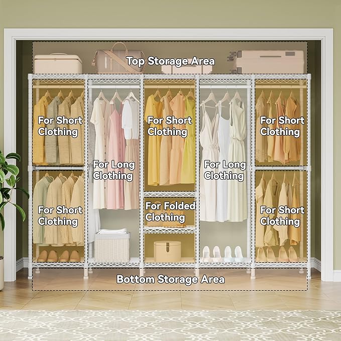 Higeego H5 Extra Large Heavy Duty Clothes Rack, Wire Garment Rack, Freestanding Clothing Rack for Hanging Clothes, Wardrobe Closet with Adjustable Shelf, 93.3" Wx15.7 Dx75.4 H, White, Load 1400 lbs