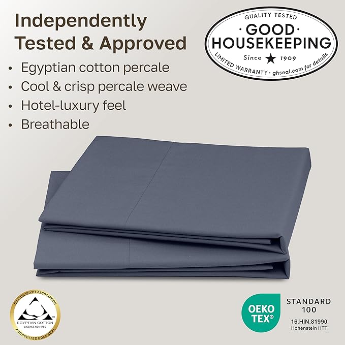 California Design Den 100% Egyptian Cotton Pillow Cases King Size Set of 2 - Crisp Percale Feel, Soft & Breathable Pillow Cases Set - Mineral Blue (Grey Tone)