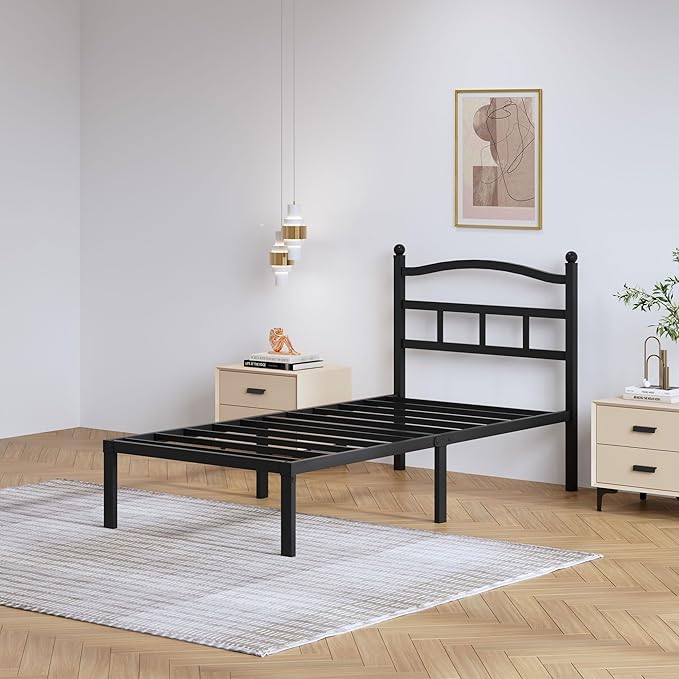 SHOANED Metal Bed Frame with Headboard - 14 Inch Twin XL Size Heavy Duty Bedframe Black Basic Steel Slats Platform No Box Spring Needed/Easy Assembly/Noise Free