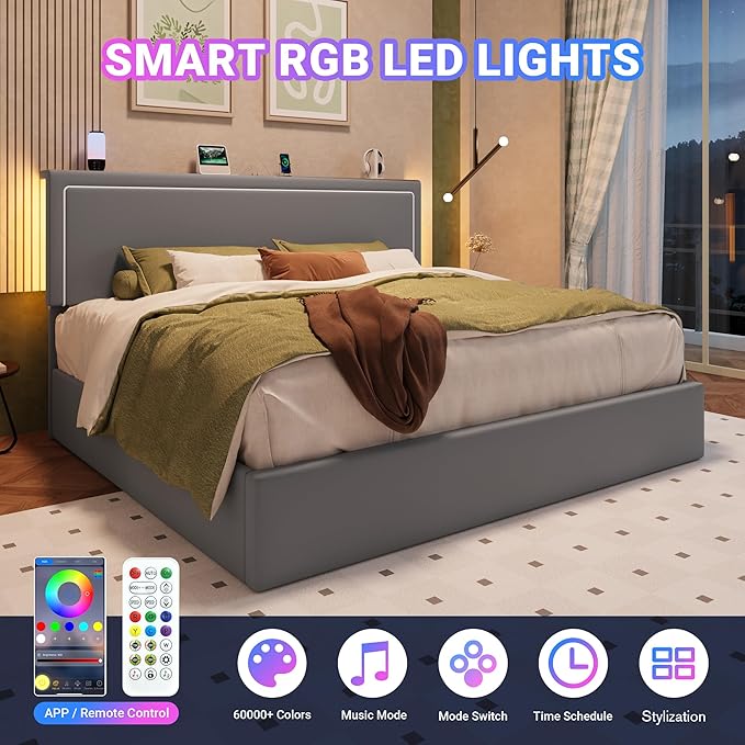 Allewie King Size Lift Up Storage Bed Frame with Charging Station & LED Lights, Adjustable Velvet Upholstered Storage Headboard, Type-C & USB Ports, Hydraulic Support, No Box Spring Needed, Grey
