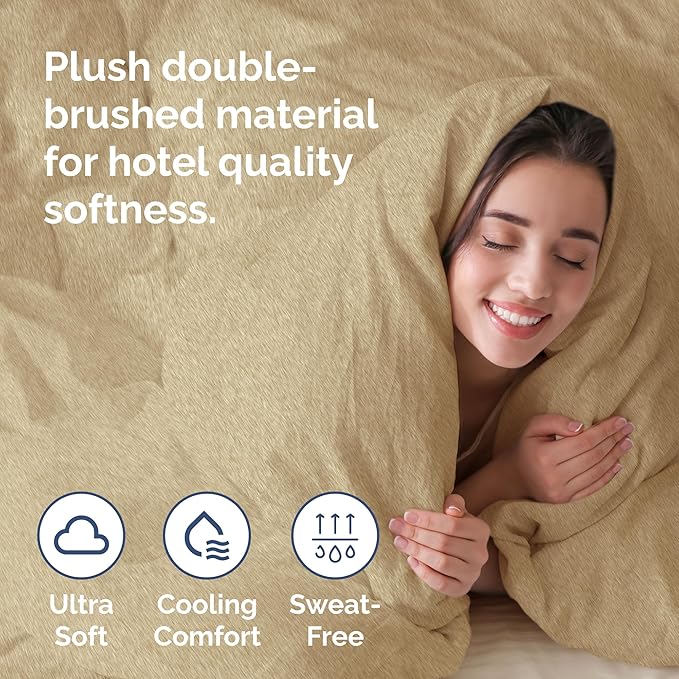 Duvet Cover Queen Size Set - Extra Soft Queen Duvet Cover 90" x 90" with 2 Pillow Shams - Hotel Luxury, Easy Care & Fade Free with Zipper Closures and Ties - Comfy, Cozy & Breathable (Heathered Tan)