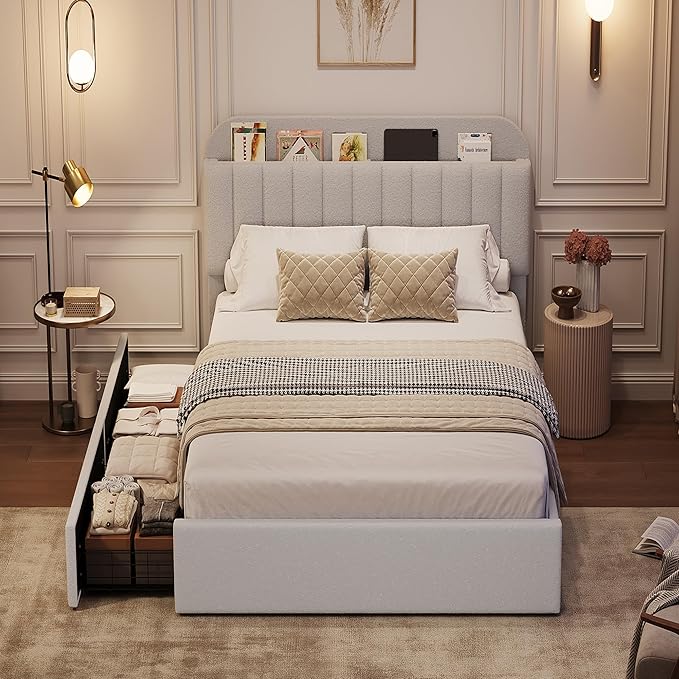GarveeHome Twin Bed Frame with Storage Headboard, Kids Bed Frame with 2 Drawers, Boucle Upholstered Platform Bed with Bookcase, No Box Spring Needed, Easy Assembly, Light Gray