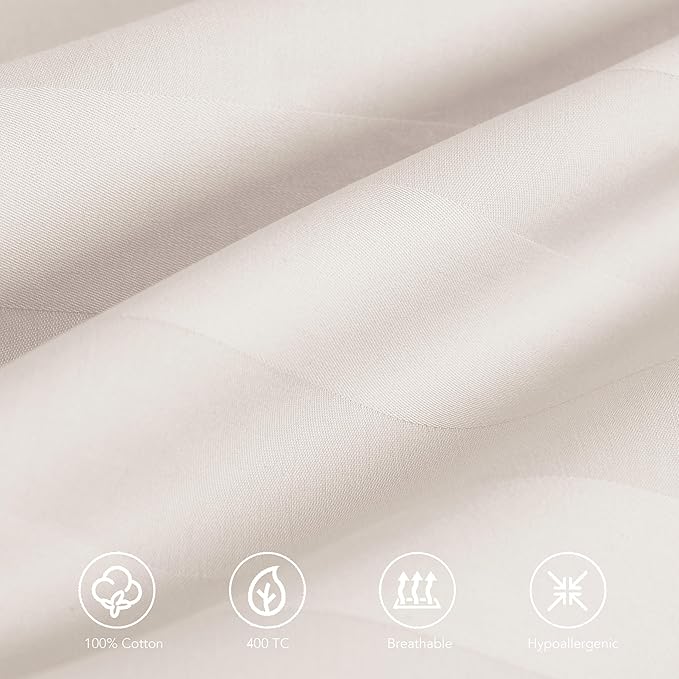100% Egyptian Cotton Queen Pillow Protectors Set of 4, 400 Thread Count Sateen Weave Cooling Pillowcase, Easy Care Zippered Style Pillow Covers (4 Pack, Stripe-Light Beige, Queen)