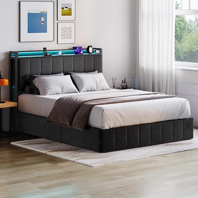 Garvee Queen Size Lift Up Storage Bed with LED Lights, Upholstered Velvet Bed Frame with Storage Headboard & Charging Station, Metal Platform Bed, No Box Spring Needed, Solid Wooden Slats, Black