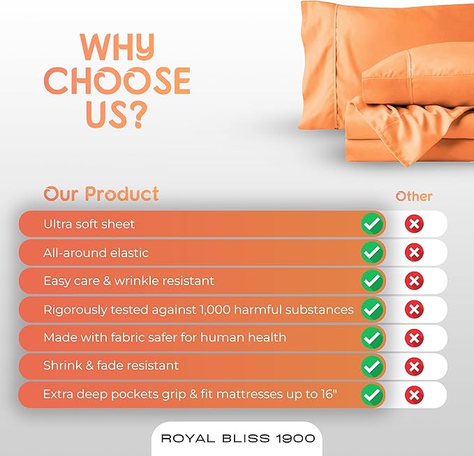 Split King Sheets Set with 2 Twin XL Fitted Sheet - 5 Piece Bedding - Wrinkle Free, Fade Resistant, Double Brushed Microfiber - Deep Pockets/Easy Fit (Peach)
