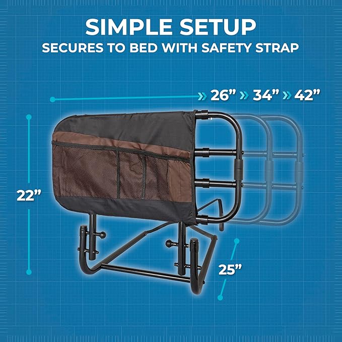 Stander EZ Adjust Bed Rail, Adjustable Senior Bedrail and Safety Assist Railing for Elderly Adults with Organizer Pouch, ASTM Safety Approved Guard-Rail, Black