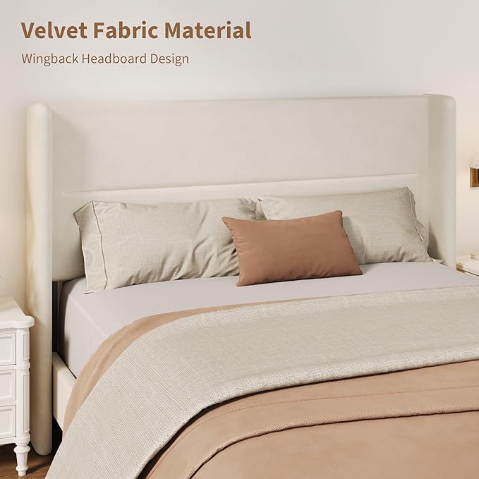 Garvee Full Size Bed Frame with Wingback Headboard, Velvet Upholstered Platform Bedframe with Wood Slats, No Box Spring Needed, Easy Assembly, Beige