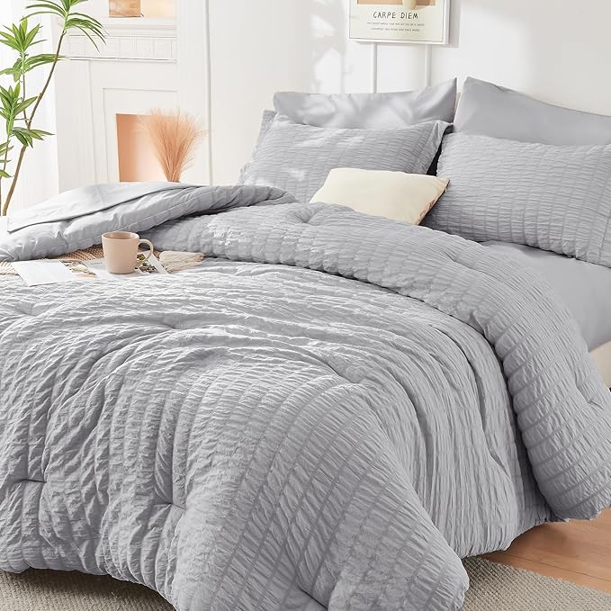 HYMOKEGE Light Grey Oversized King Comforter Set Seersucker 7 Pieces, All Season Luxury Bed in a Bag for Bedroom, Bedding Set with Comforter, Sheets, Pillowcases & Shams