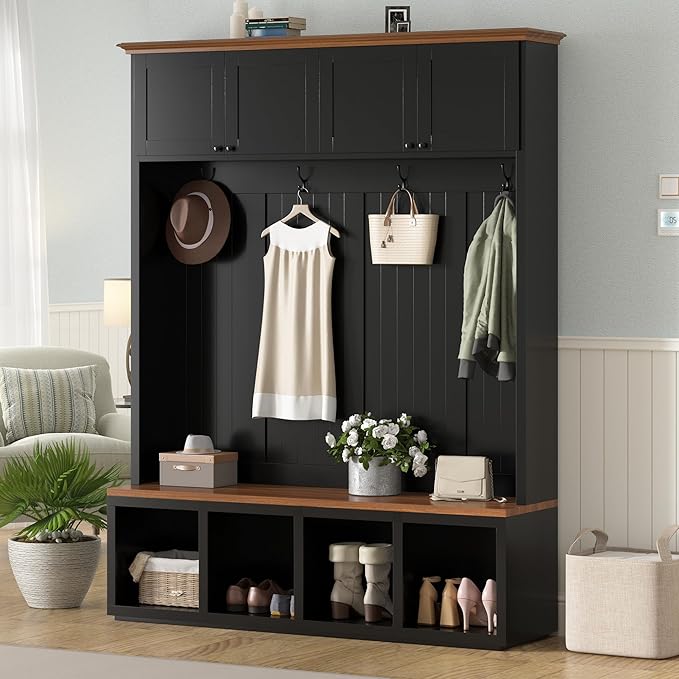 Merax Wood Rustic 59''W Hall Tree Entryway Bench with 4 Hooks and Cabinets, Farmhouse Mudroom Versatile Coat Racks with Shoe Storage Bench, Entrance Organizer for Hallway, Living Room Black