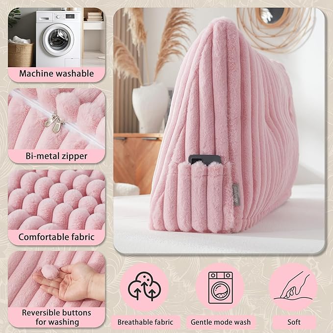 Headboard Pillow + A Long Neck Roll Pillow Body Pillow，Faux Fur Headboard Wedge Pillow with Removable Cover (Pink, Queen：59x8x20 inches)
