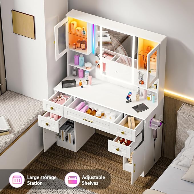 KAMABOKO White Vanity Desk with Mirror, Makeup Vanity Table with 5 Drawers, 2 Storage Cabinets & 2 Glass-Door Display Cabinets for Bedroom and Dressing Room