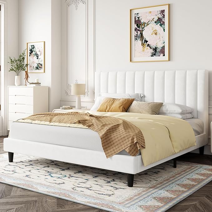 Allewie King Bed Frame/Velvet Upholstered Bed Frame with Vertical Channel Tufted Headboard/Strong Wooden Slats/Platform Bed Frame/Mattress Foundation/Box Spring Optional/Easy Assembly/White
