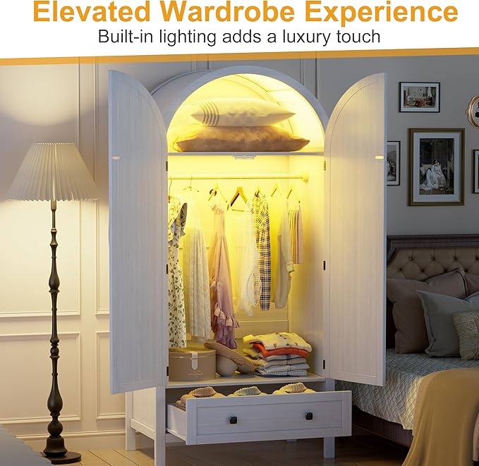 PAKASEPT Armoire Wardrobe Closet with Drawers and 2 Arched Fluted Doors, 70.9‘’ Tall Wooden Bedroom Armoire with LED Light & Shelves and Hanging Rod (White)