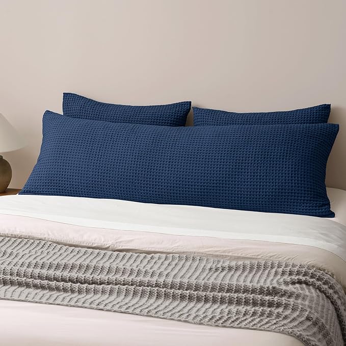 PHF Ultra Soft Waffle Weave Body Pillowcase with Zipper, No Insert, 1Pack 20" x 54" Pillow Sham, Breathable & Skin-Friendly Body Pillow case, Stylish Decorative Bed Pillow Cover, Navy Blue/Dark Blue
