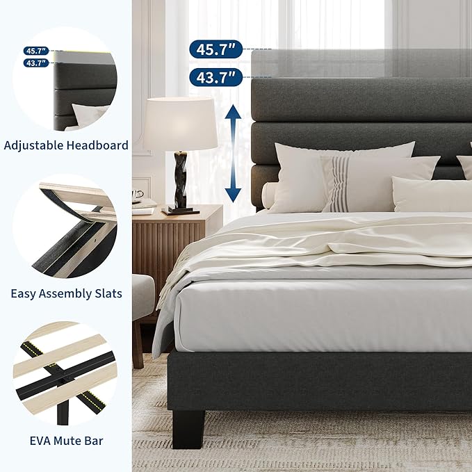 Garvee Upholstered Bed Frame with Fabric Headboard, Platform Bed with Engineered Wood Slats and Iron Frame, No Box Spring Needed, Heavy Duty Support, Grey