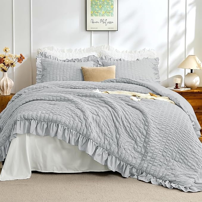 JOLLYVOGUE Light Grey Twin Size Comforter Set, 2 Pieces Seersucker Lightweight Fluffy Bedding Set, Twin Ruffle Comforter, All Season Soft Microfiber Shabby Chic Bed Set