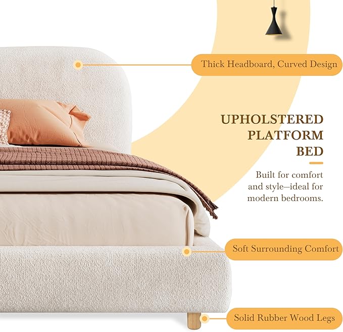Merax King Size Teddy Fleece Thick Fabric Upholstered Platform Bed with Curved Shaped Headboard, Wood Bed Frame with Solid Round Legs for Kids Teens Adults, White