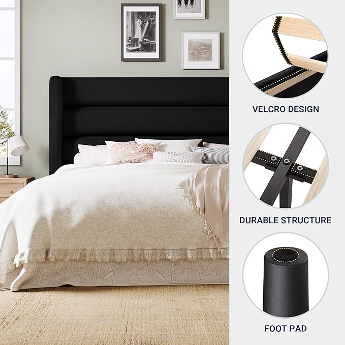Allewie Queen Size Platform Bed Frame with Velvet Upholstered Wingback Headboard, No Box Spring Needed, Under Bed Storage Space, Strong Wooden Slats, Modern Mattress Foundation, Easy Assembly, Black
