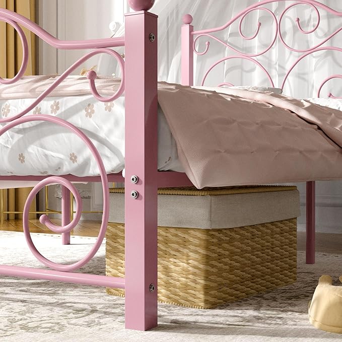 VECELO Twin Size Bed Frame with Headboard and Footboard, Heavy Duty Metal Slat Support, Platform Mattress Foundation, No Box Spring Needed, Easy Assembly, Pink