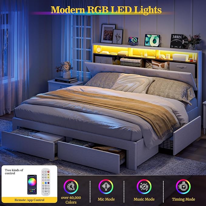 California King Bed Frames with 4 Drawers, Hidden Storage Headboard with LED Lights and Charging Station, Upholstered Cal King Platform Bed, Noise Free, No Box Spring Needed, White