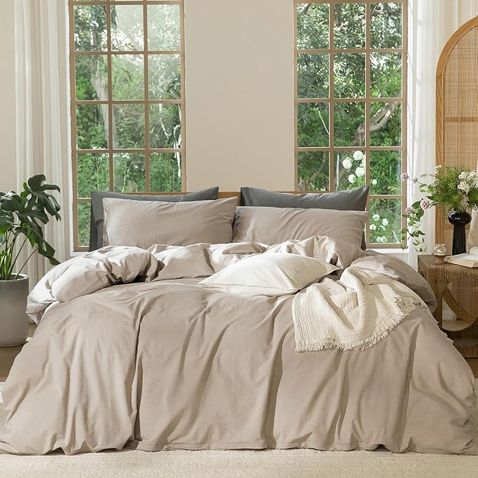 MooMee Bedding Duvet Cover Set 100% Washed Cotton Linen Like Textured Breathable Durable Soft Comfy (Heathered Taupe, Palatial King/Oversized King 120"x98")