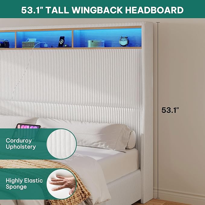 YITAHOME King Size Corduroy Upholstered Platform Bed Frame with Charging Station and RGB LED Lights, 53’’ Tall Storage Wingback Headboard, No Box Spring Needed, Easy Assembly, Noise-Free, White
