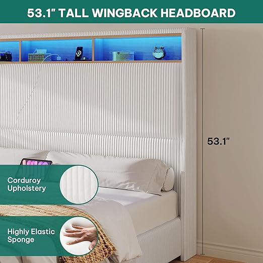 DWVO King Size Corduroy Upholstered Platform Bed Frame with Charging Station and RGB LED Lights, 53’’ Tall Storage Wingback Headboard, No Box Spring Needed, Easy Assembly, Noise-Free, White