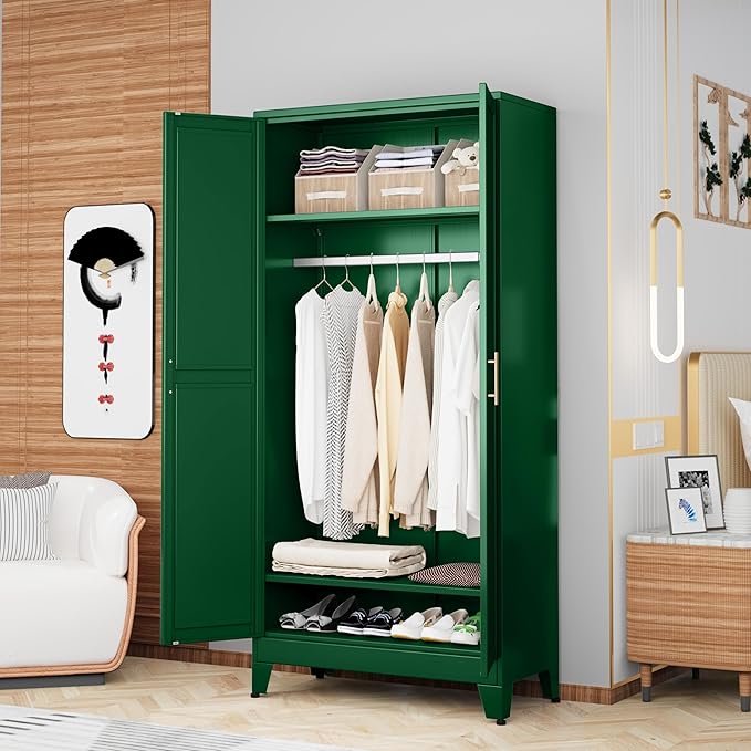 GAIOUS Metal Wardrobe Cabinet with Hanging Rod, 71" Metal Clothing Storage Cabinets with 2 Doors and Adjustable Shelves, Green Armoire Wardrobe Closet for Bedroom, Laundry Room, Cloak Room