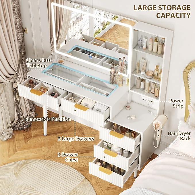 Garvee 48" Fluted Makeup Vanity Desk with Mirror and Lights, Glass Top Vanity Table with 5 Drawers, Open Shelf and Power Outlet, Modern Dressing Table for Bedroom and Living Room