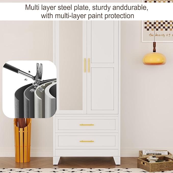 erosoei Metal Armoire Wardrobe Closet, 71 "Metal Clothing Storage Cabinet with Mirror and Adjustable Shelves, Household Steel Wardrobe Storage Cabinet with 2 Drawers and Hanging Rod(Armoire-White)