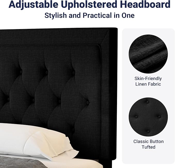 Allewie King Size Upholstered Platform Bed Frame with Adjustable Headboard, Button Tufted, Wood Slat Support, Easy Assembly, Black