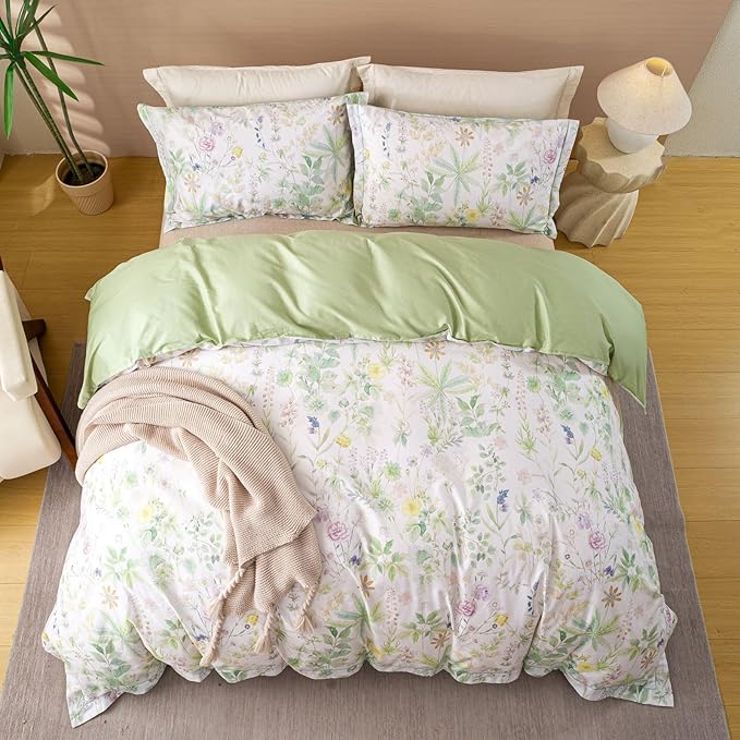 OAITE Duvet Cover Set King Size Floral Pattern Ultra Soft 100% Cotton Duvet Cover Sets 3-PC, Breathable Duvet Cover with Zipper Closure & Corner Ties(2 Pillow Shams,1 Duvet Cover)