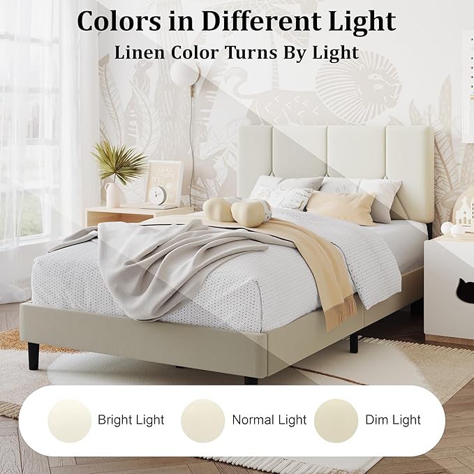 Twin Bed Frame, Padded Platform Bed Frame with Velvet Headboard, Vertical Quilted Design, Sturdy Slatted Mattress Base, No Spring Mattress Required, Easy to Assemble, Beige