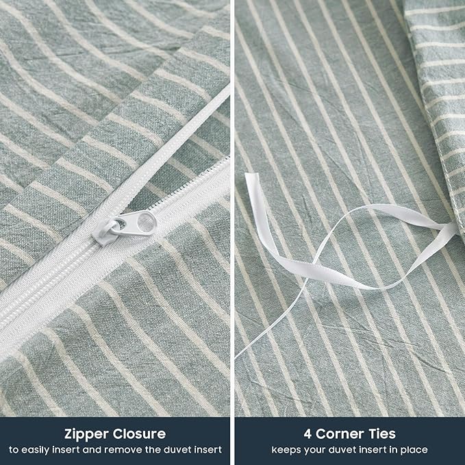 Wake In Cloud - Striped Cotton Duvet Cover Set, 100% Washed Cotton Textured Percale Bedding Set, Ticking Stripe Pinstripe Farmhouse, 3 Pieces, Greyish Blue, Twin Size
