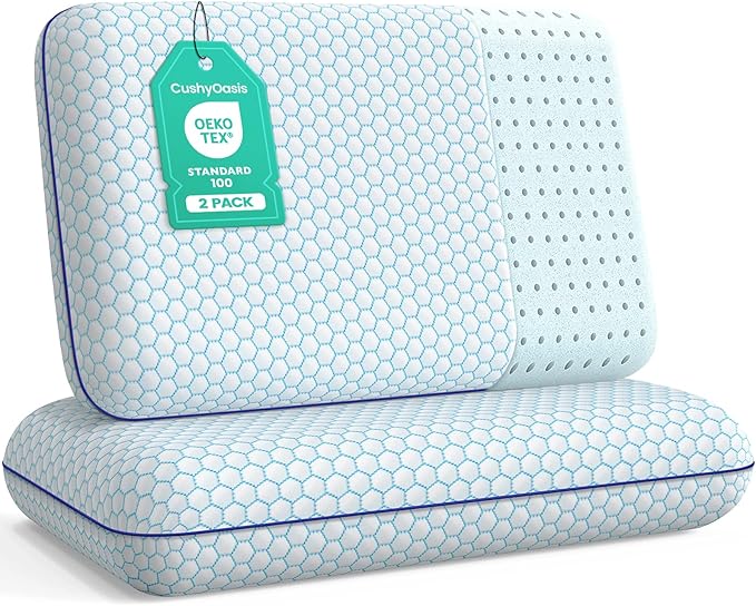 CushyOasis Memory Foam Pillows for Side, Back and Stomach Sleepers, Set of 2, Bed Pillow with Washable Cover and Breathable Mesh, Bed Pillow for Sleeping (Blue，Standard Size)