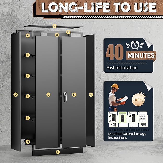 INTERGREAT Metal Storage Cabinet, 72” Storage Cabinet with 2 Doors and 4 Adjustable Shelves for Office, Home, Garage, Pantry (Assembly Required, 18”D, Black)