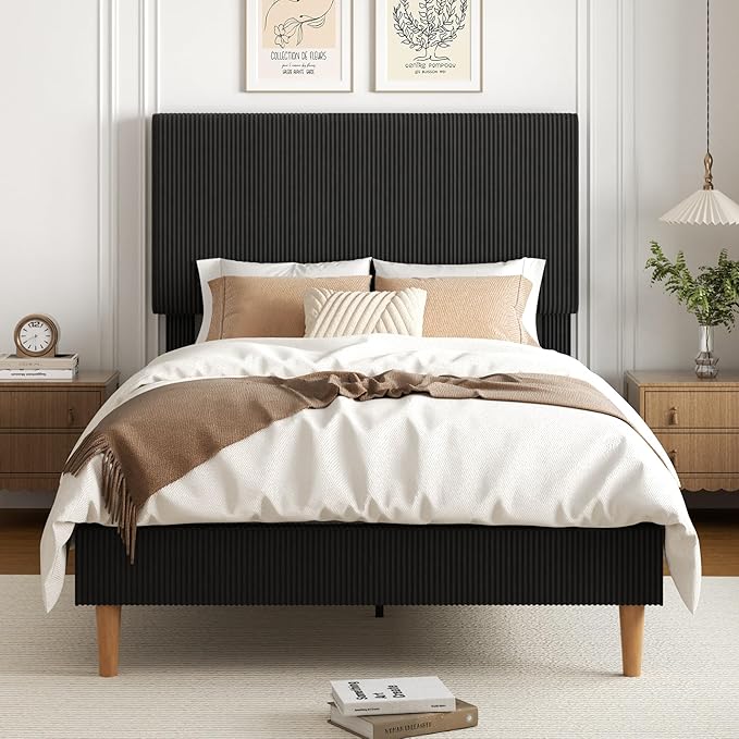 Full Size Bed Frame, Upholstered Platform Bed with Adjustable Headboard, Vertical Fluted Tufted, Soft Corduroy Fabric, Wooden Slats Support, No Box Spring Needed, Easy Assembly, Black