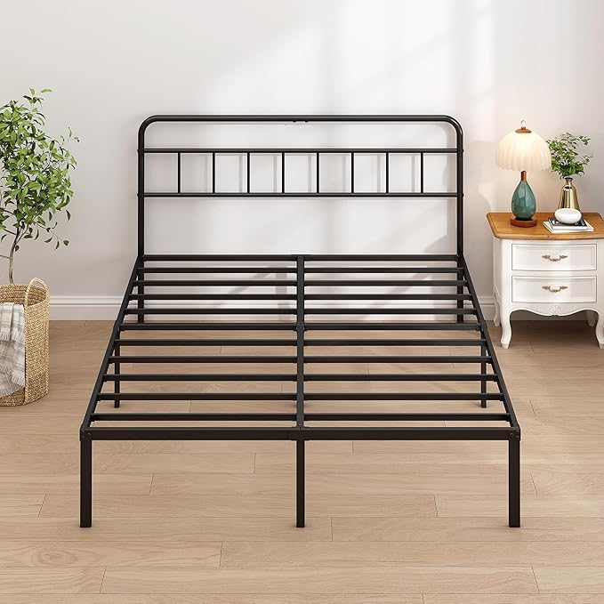 King Bed Frame with Classic Headboard,Strong Metal Slats Support,Under Bed Storage Space,No Box Spring Needed,Easy to Assemble,Black