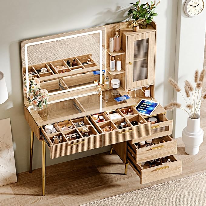 Arulvmrn Vanity Desk with 29.53" HD Lighted Mirror, 47.24" Big Modern Vanity Desk with Mirror and Lights, Makeup Vanity with 5 Drawers and Storage Shelves and Charging Station, Oak