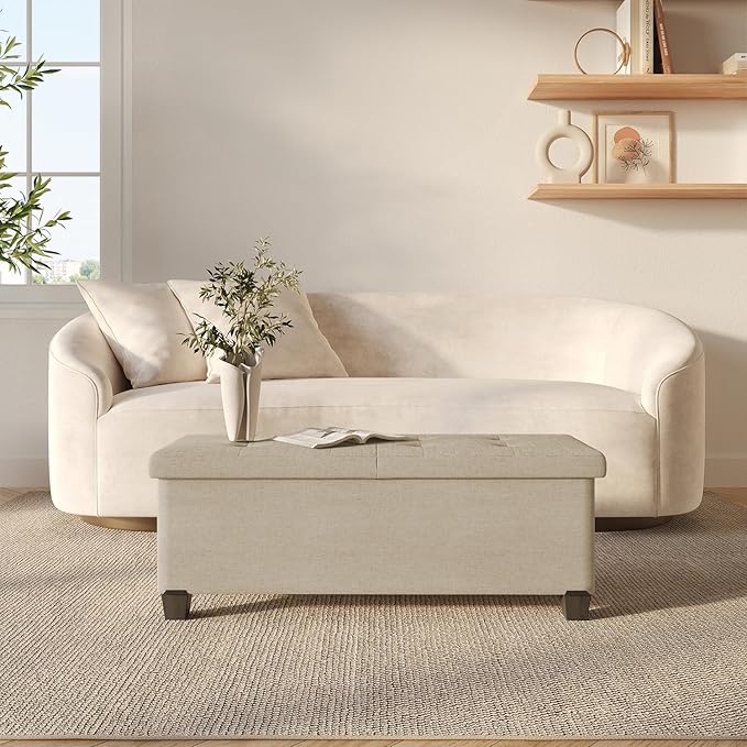 Storage Ottoman Bench with Bins, 43-in Storage Bench for Bedroom End of Bed, Folding Foot Rest Ottoman for Living Room Max 660lbs, Fabric Ottomans, Beige