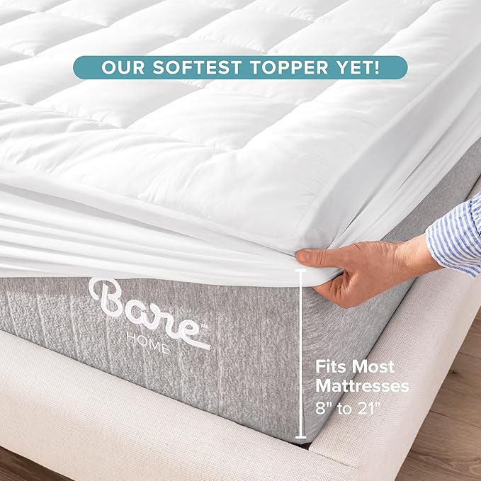 Bare Home Full Mattress Topper Cotton Top - Plush Topper for Mattress - Fitted Mattress Cover - Cooling Breathable Air Flow - 8" to 21" Deep Pocket - Soft Mattress Pad (Full, White)