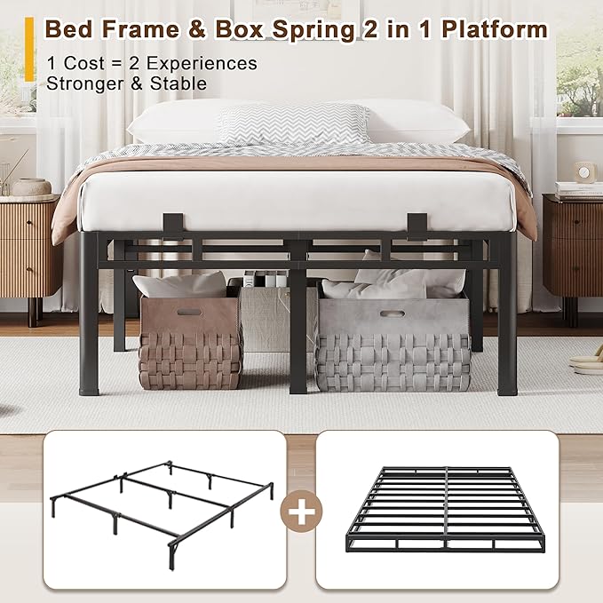 ROIL 16 Inch Queen Bed Frame, Double Layer Metal Bed Frame with Round Corner Legs, 4000LBS Bed Frame & Box Spring 2 in 1 Platform with Headboard Holes Mattress Baffles, Noise-Free Easy Assembly