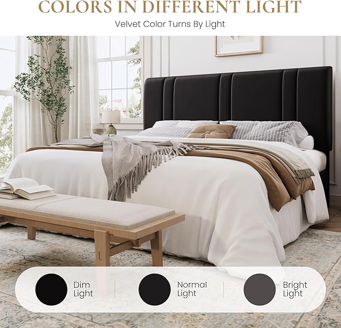 SHA CERLIN King Size Platform Bed Frame, Velvet Upholstered Bed with Adjustable Headboard, Vertical Channel Tufted Design, Sturdy Wood Slat Support, No Box Spring Needed, Easy Assembly, Black