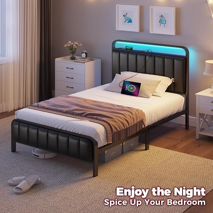Rolanstar Twin Size Bed Frame with LED Light and Charging Station, Upholstered Headboard and Footboard, Metal Slat, Noise Free, Easy Assembly, Black